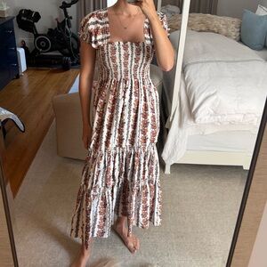 OPT Smocked Floral Tiered Maxi Dress - White with Rust Floral